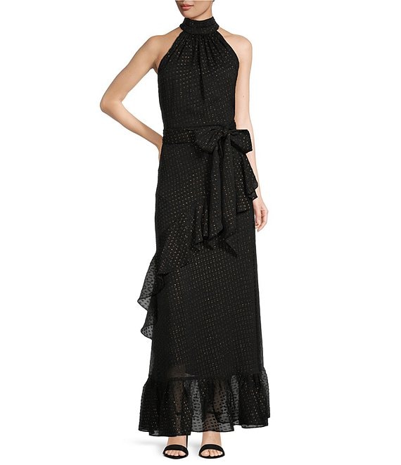 Color:Black/Gold - Image 1 - Tiffany Ruffled Metallic Halter Gown