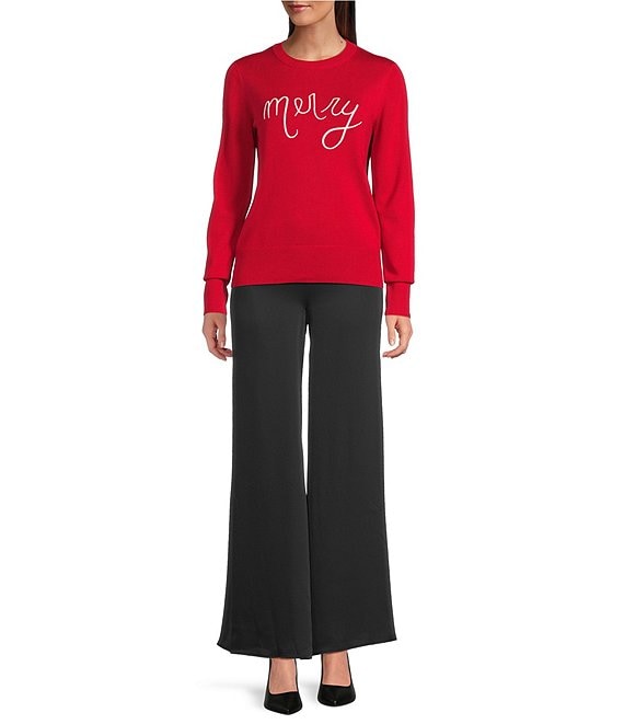 Alex Marie Alex Marie Wool Blend Knit Merry Script Crew Neck Long Sleeve Pullover Sweater, Crimson - Image 3