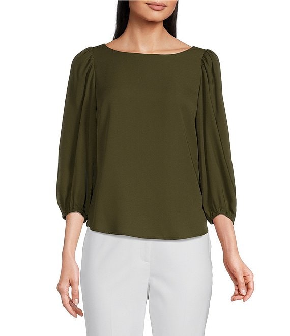 Color:Olive - Image 1 - Woven Georgette Boat Neck 3/4 Sleeve Lori Blouse