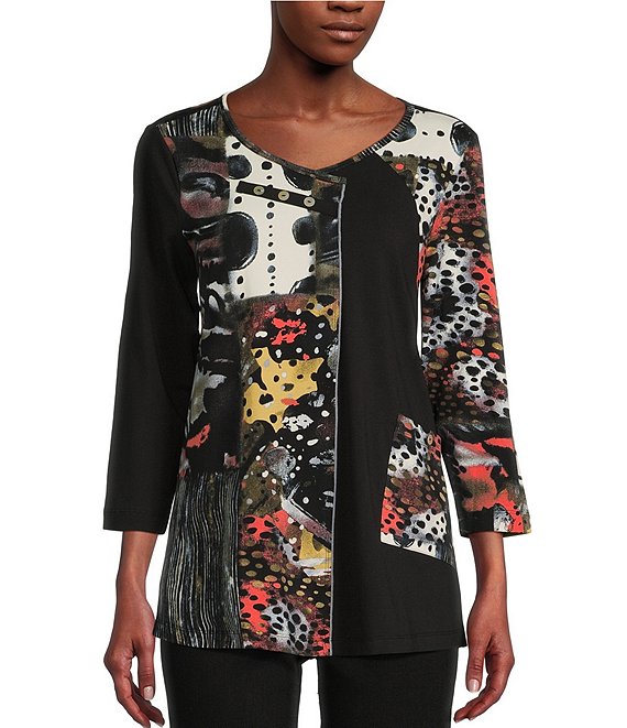 Ali Miles Abstract Contrasting Abstract Print 3/4 Sleeve Patch Pocket ...