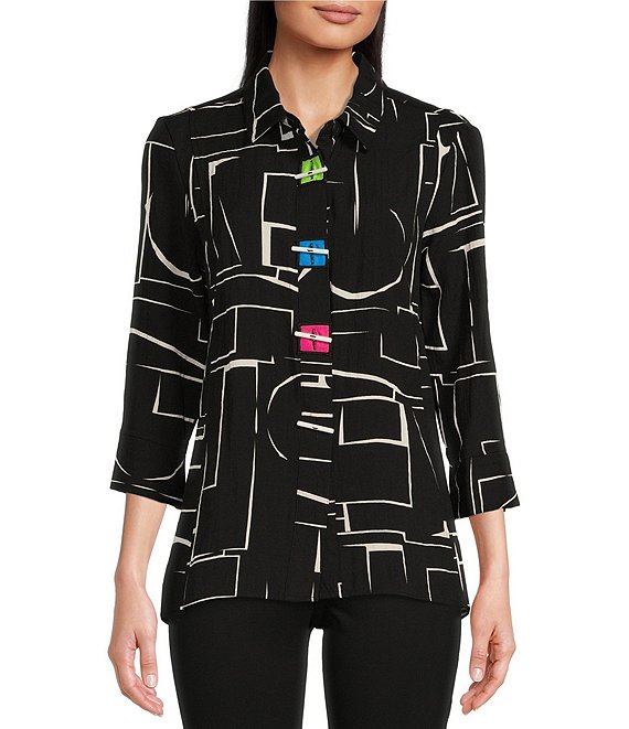 Color:Black/White - Image 1 - Abstract Print 3/4 Sleeve Collared Neck Uneven Hem Woven Tunic