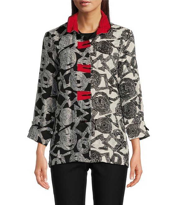 Ali Miles Abstract Print Clipped Jacquard Woven Wire Point Collar