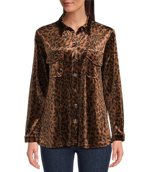 Ali Miles Animal Print Woven Velvet Point Collar Long Sleeve Curved Hem ...