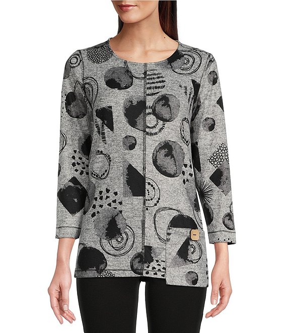 Color:Grey Print - Image 1 - Brushed Knit Abstract Circle Print Round Collar 3/4 Sleeve Button Detail Tunic