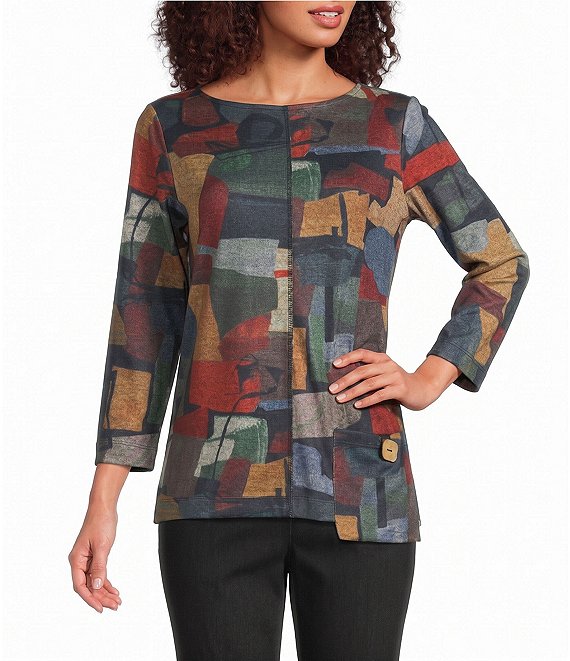 Ali Miles Brushed Knit Geometric Multi Print Round Neck 3/4 Sleeve Pullover Top