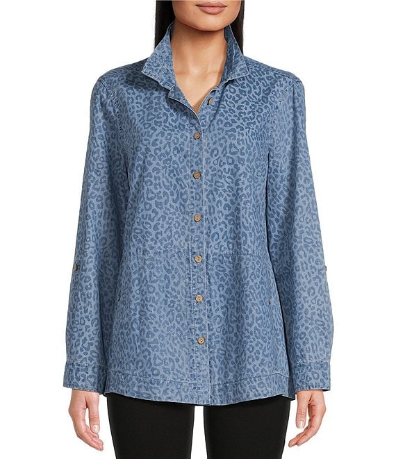 Ali Miles Chambray Woven Animal Print Wire Collar Roll-Tab Sleeve ...