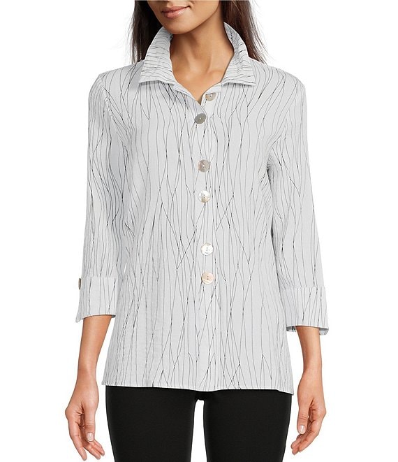 Color:White - Image 1 - Abstract Striped Print Crinkled Woven Wire Collar 3/4 Sleeve Tunic