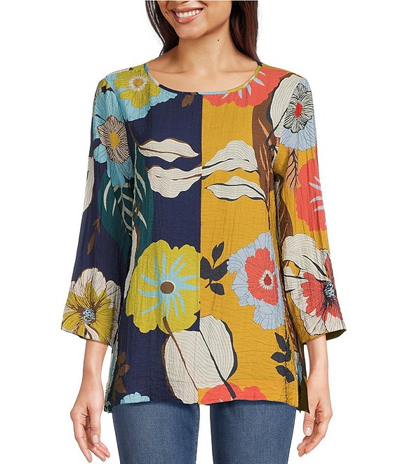 Ali Miles Floral Print Round Neck 3/4 Sleeve Woven Tunic | Dillard's