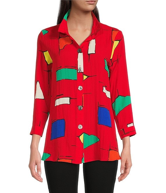 Color:Red Print - Image 1 - Geometric Abstract Print Wire Collar 3/4 Sleeve Tunic
