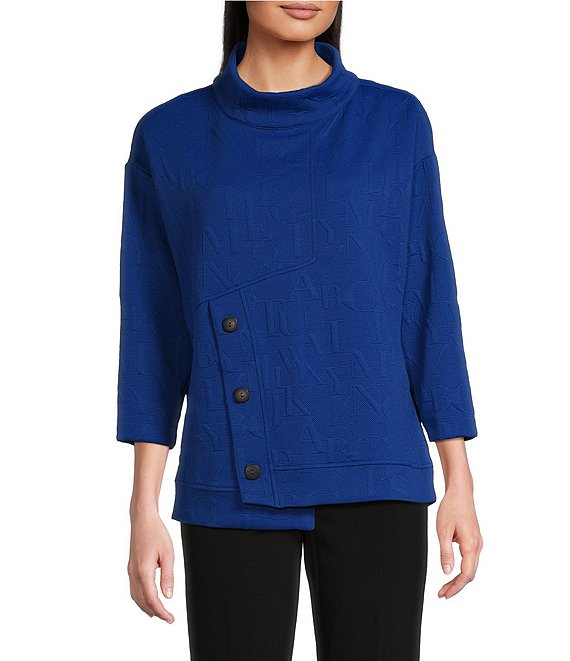 Ali Miles Knit Jacquard Button Detail Mock Neck 3/4 Sleeve