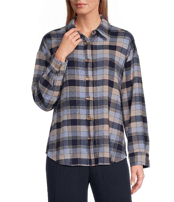 Ali Miles Knit Textured Mix Plaid Wire Collar 3/4 Sleeve Button Front Shirt
