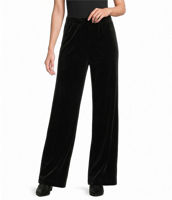 Ali Miles Knit Velvet Flat Front Wide Leg Full Length Pull-On Pants