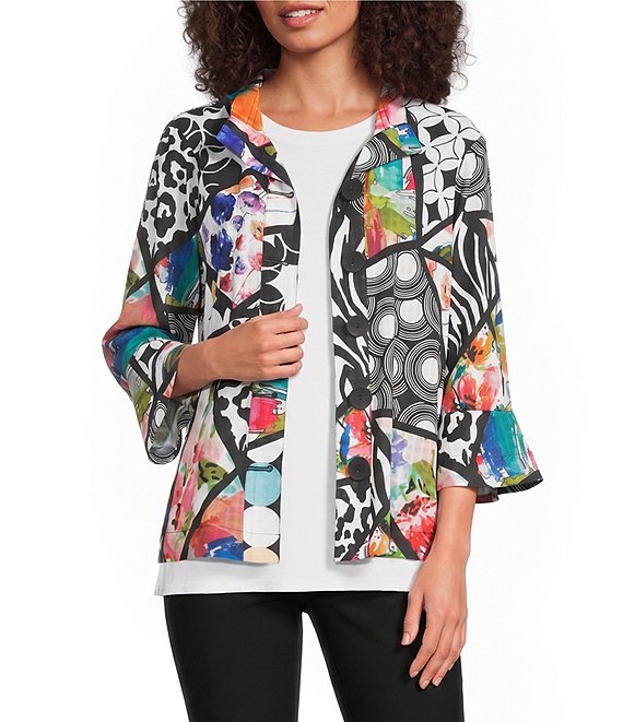 Ali Miles Multi Abstract Wire Collar 3/4 Sleeve Button Front Jacket
