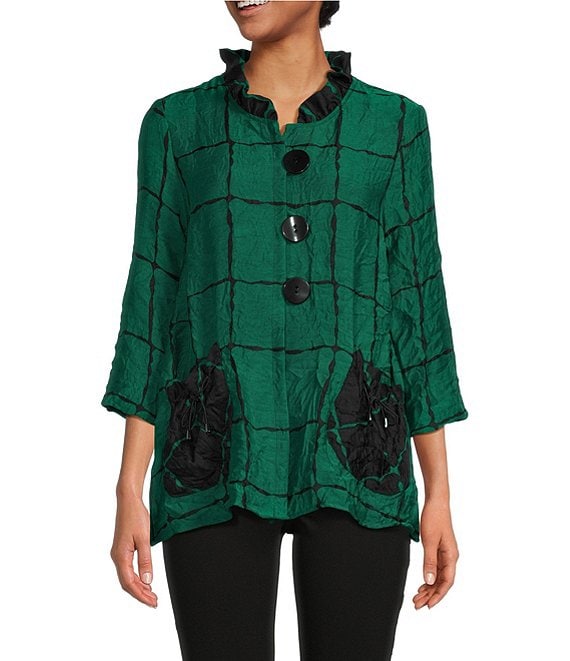 Color:Emerald - Image 1 - Multi Lines Woven Crinkle Wire Collar 3/4 Sleeve Side Patch Pocket Button Front Tunic
