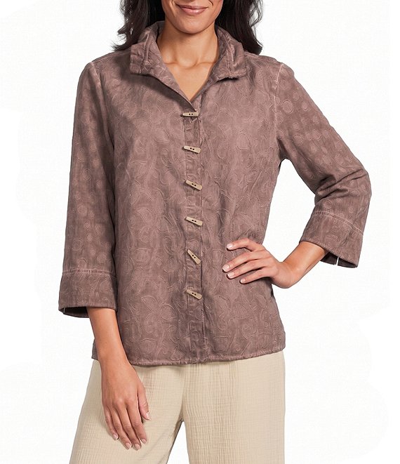 Ali Miles Paisley Jacquard Textured Wire Collar 3/4 Sleeve Button-Front Shirt
