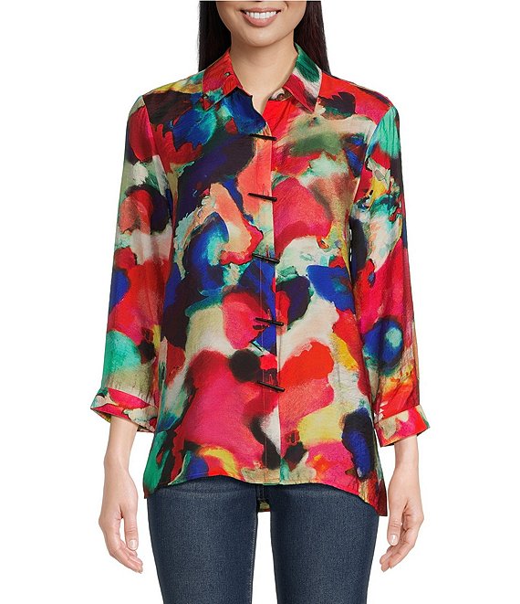 Ali Miles Petite Size Abstract Multi Print Point Collar Neck 3/4 Sleeve ...