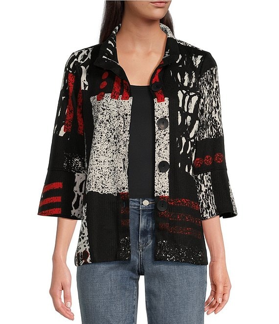 Color:Black/Abstract Print - Image 1 - Petite Size Abstract Print Wire Collar 3/4 Bell Sleeve Button-Front Tunic Jacket
