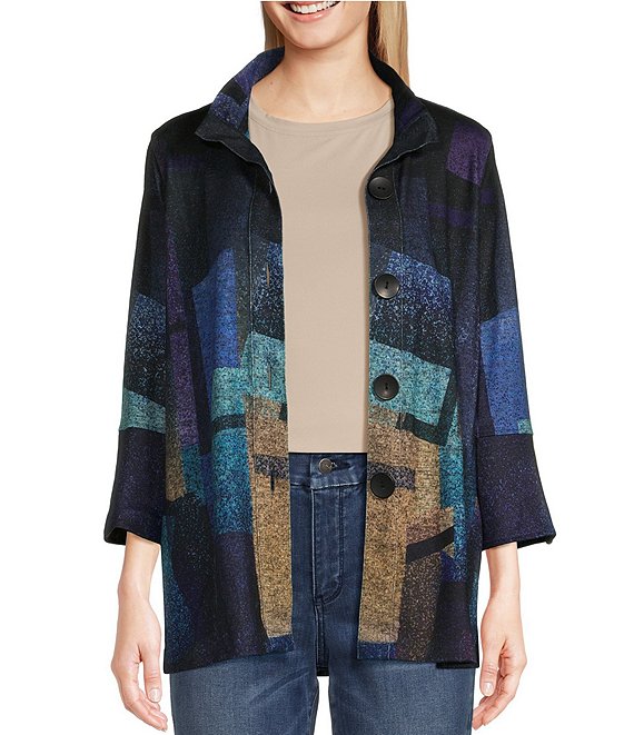 Color:Multi - Image 1 - Petite Size Abstract Shimmer Woven Wire Collar 3/4 Bell Cuffed Sleeve Side Pocket Jacket