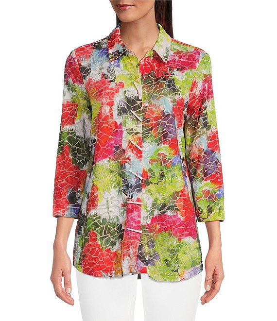 Ali Miles Petite Size Burnout Knit Multi Floral Print Point Collar 3/4 ...