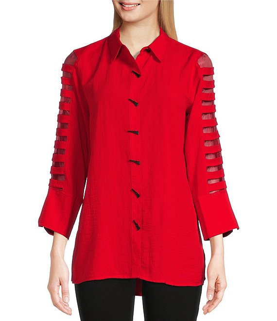 Color:Red - Image 1 - Petite Size Crinkle Woven Point Collar Sheer Detailing Sleeve High-Low Button Front Tunic