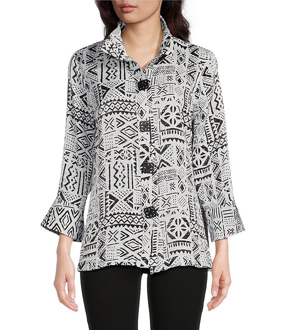 Ali Miles Petite Size Printed Wire Collar 3/4 Sleeve Button Front Tunic