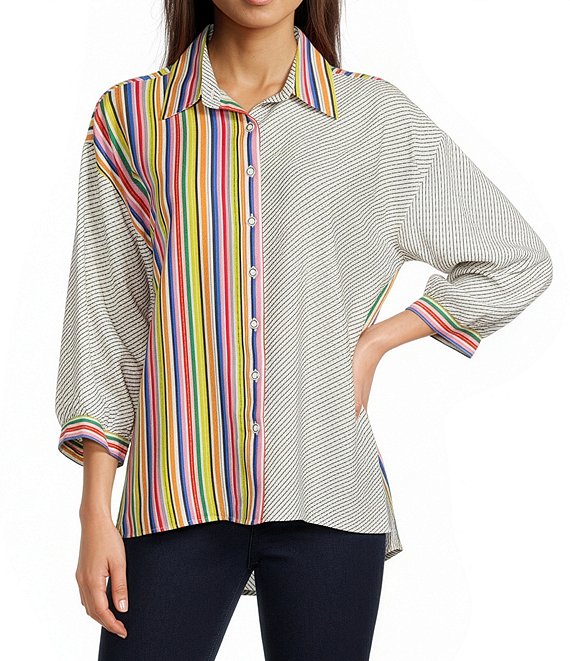 Ali Miles Petite Size Solid Multi Stripe Point Collar 3/4 Sleeve High-Low Hem Button-Front Shirt