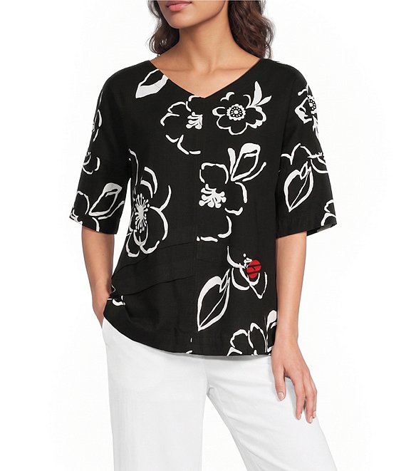 Ali Miles Petite Size Woven Contrast Floral Side V-Neck Elbow Sleeve Popover Top