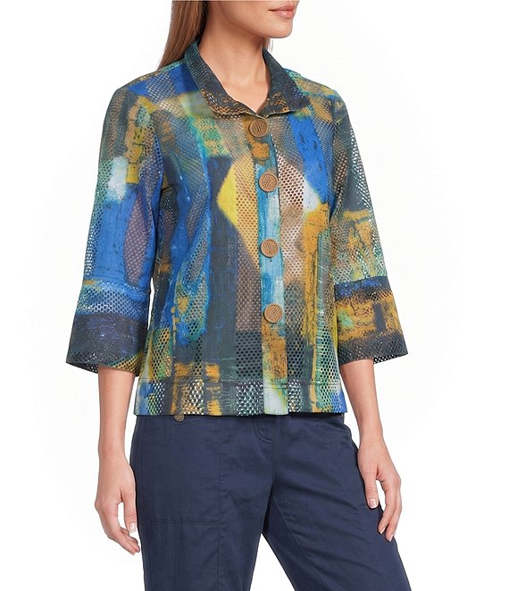 Ali Miles Petite Size Woven Textured Abstract Wire Collar 3/4 Bell Sleeve Button Front Jacket