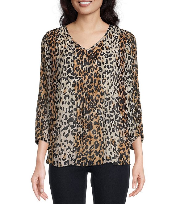 Ali Miles Pleated Chiffon Animal Print V-Neck 3/4 Blouson Sleeve Drop ...