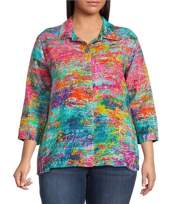Ali Miles Plus Size Abstract Multi Point Collar 3/4 Dolman Sleeve Button-Front Tunic
