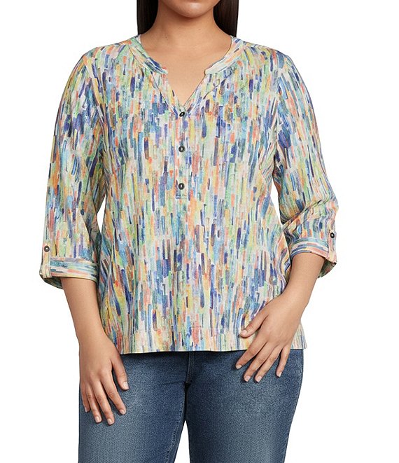 Ali Miles Plus Size Abstract Print Split V-Neck 3/4 Roll-Tab Sleeve Tunic