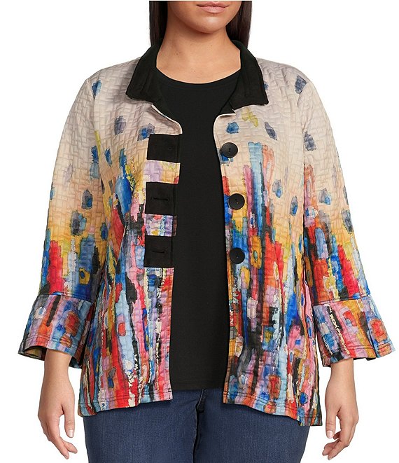 Color:Abstract Multi - Image 1 - Plus Size Abstract Print Textured Quilt Woven Wire Collar 3/4 Bell Cuffed Sleeve Button Front Jacket