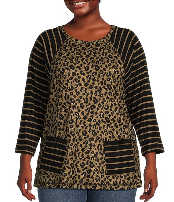 Ali Miles Plus Size Brushed Knit Animal Print Round Neck 3/4