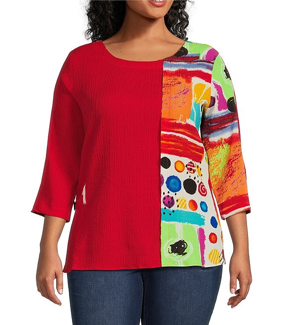 Ali Miles Plus Size Color Blocked Abstract Print 3/4 Sleeve Blouse