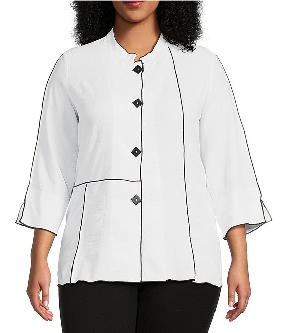 Color:White - Image 1 - Plus Size Contrast Piping Mock Neck 3/4 Sleeve Button Front Tunic