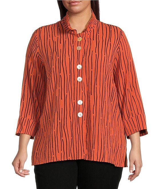 Ali Miles Plus Size Crinkle Woven Abstract Stripe Wire Collar 3/4 Sleeve Button-Front Tunic