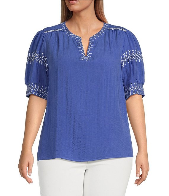 Ali Miles Plus Size Embroidered Split V-Neck Elbow Sleeve