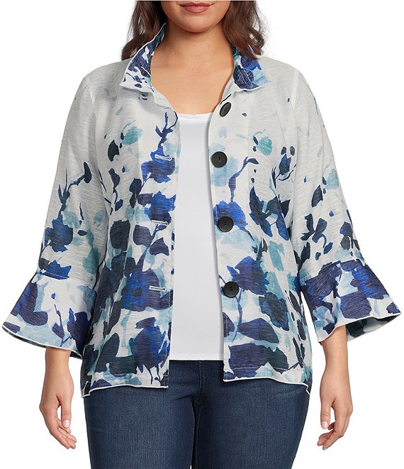Ali Miles Plus Size Floral Print Wire Collar 3/4 Bell Sleeve Button ...