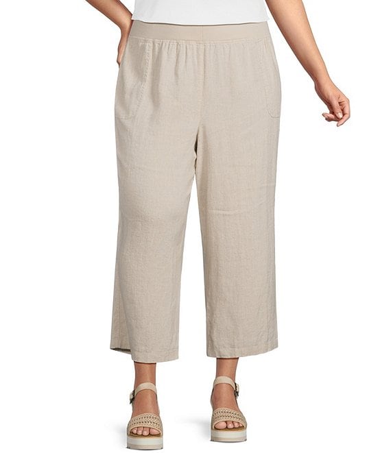 Ali Miles Plus Size Linen Blend Wide Leg Pull-On Cropped Pants
