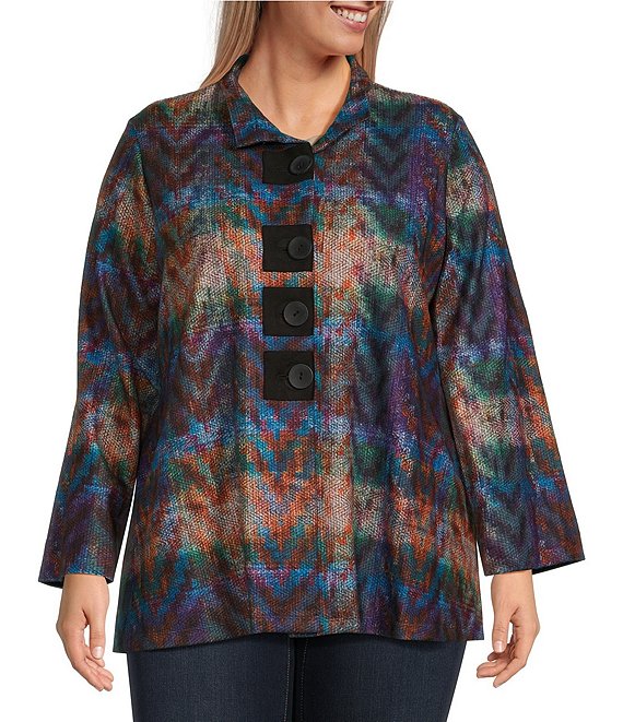 Ali Miles Plus Size Plaid Print Wire Knit Wire Collar Long Sleeve Three-Button Front Jacket
