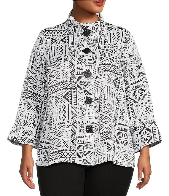 Ali Miles Plus Size Printed Funnel Mock Neck 3/4 Sleeve Button Front Tunic