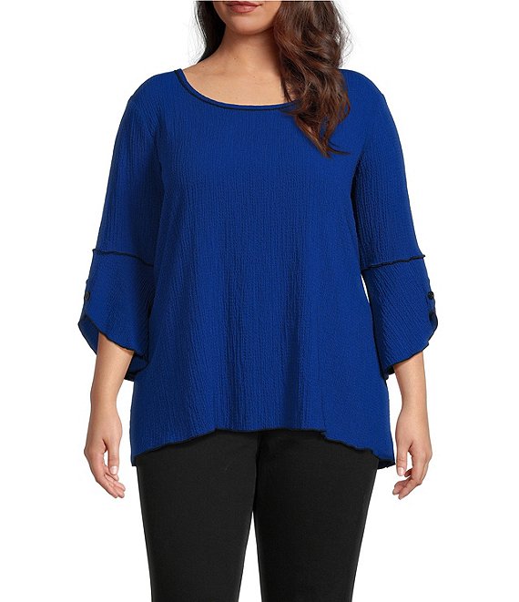Ali Miles Plus Size Pucker Woven Round Neck 3/4 Bell Sleeve Tunic ...
