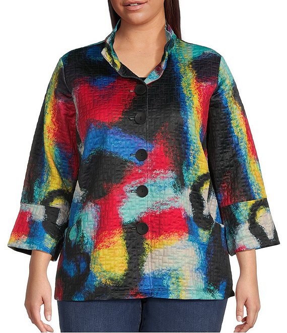 Color:Geometric Multi - Image 1 - Plus Size Quilted Texture Wire Point Collar 3/4 Bell Cuff Sleeve Abstract Geometric Button Front Jacket