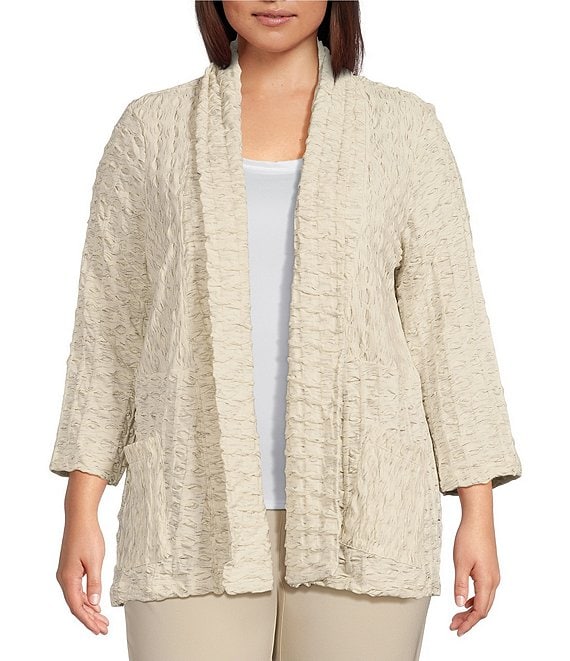 Ali Miles Plus Size Textured Knit Shawl Collar 3/4 Sleeve Open-Front ...