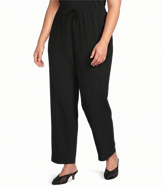 Ali Miles Plus Size Textured Woven Elastic Waistband Pull-On Pants