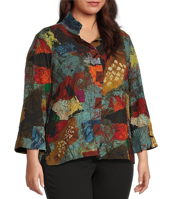 Ali Miles Plus Size Textured Woven Abstract Multi Print Wire Collar 3/4 Sleeve Button-Front Blouse