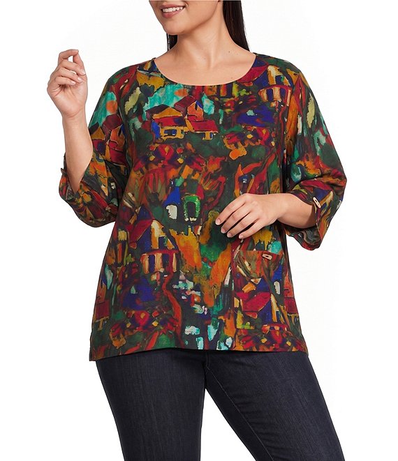 Ali Miles Plus Size Woven Abstract Multi Print Round Neck 3/4 Sleeve Top