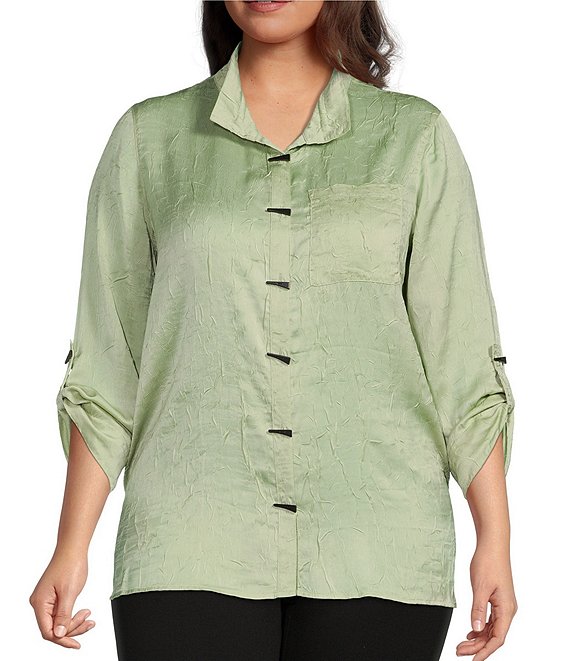 Color:Celery - Image 1 - Plus Size Woven Crinkled Wire Collar Long Roll-Tab Sleeve Tunic