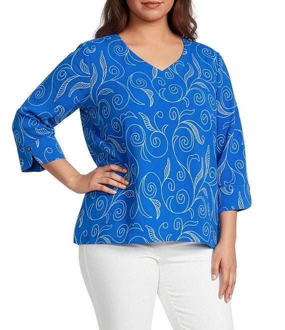 Ali Miles Plus Size Woven Embroidered Paisley Leaf V-Neck 3/4 Sleeve Top