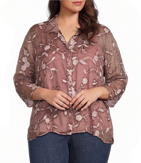 Ali Miles Plus Size Woven Floral Embroidered Point Collar 3/4 Roll-Tab Sleeve Button-Front Shirt